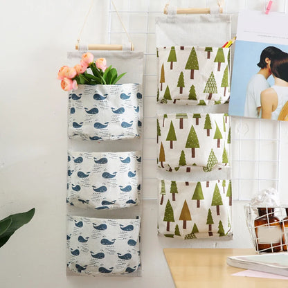 Home Kitchen Wall Mounted Storage Bag With 3 Pockets Linen Fabric Waterproof Wall Door Closet Hanging Organizer For Bath Bedroom