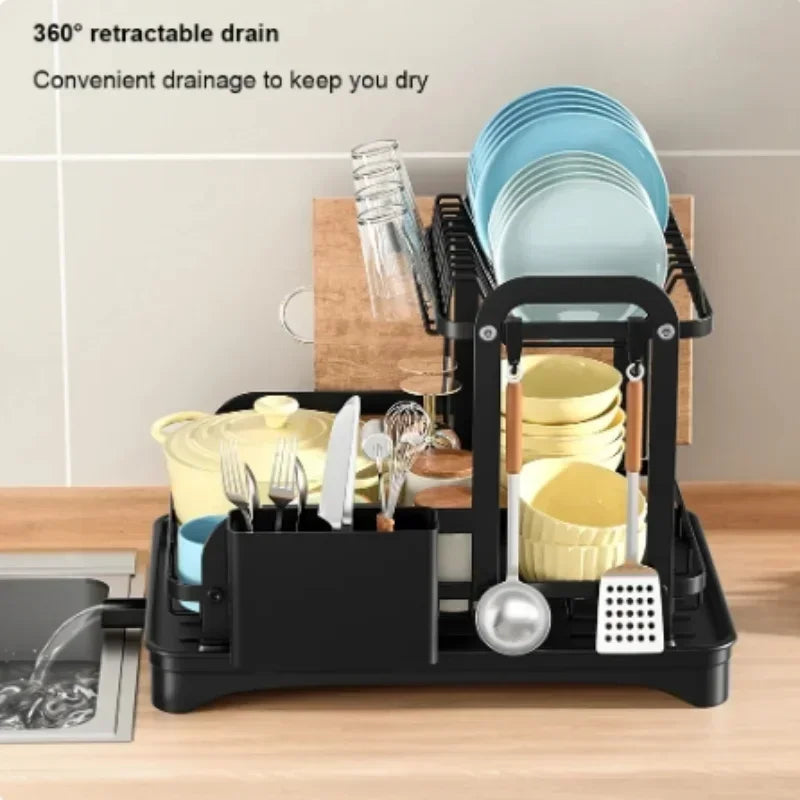 2 Tier Dish Drying Rack with Drip Tray Kitchen Sink Organizer Chopstick Holder Cutting Board Holder 360-Degree Retractable Drain