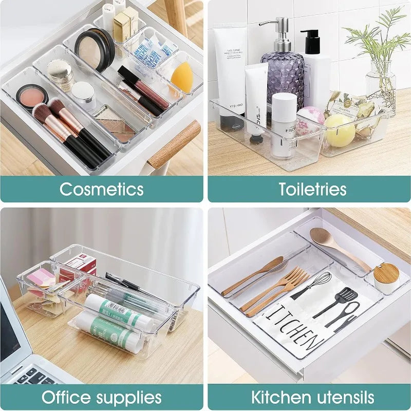 4/8/16/24pcs Drawer Organizers Set Clear Plastic Desk Dividers Bins Bedroom Dresser Office Storage Box for Makeup Gadgets