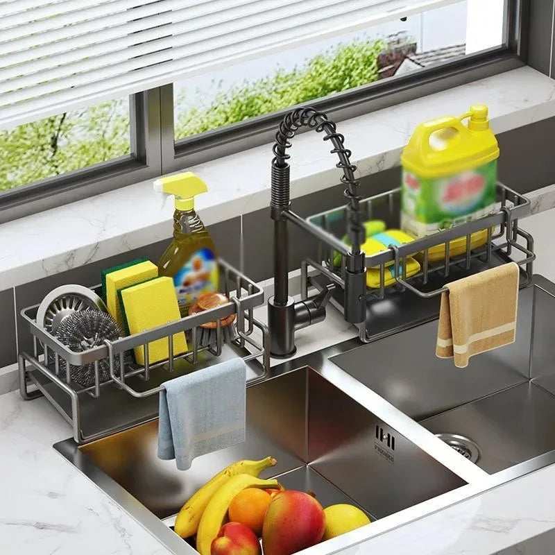 Stainless Steel Kitchen Sink Drain Rack Organizer Self-draining Sink Shelf Soap Sponge Dishcloth Towel Rack filter basket