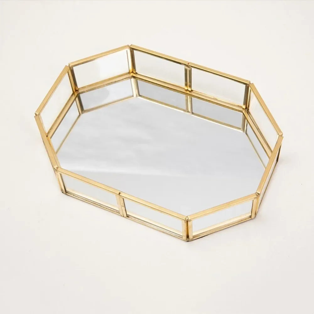 Golden Mirror Tray Cosmetic Container Jewelry Organizer Case Bathroom Storage Lipstick Necklace Desktop Makeup Storage Tray Orga