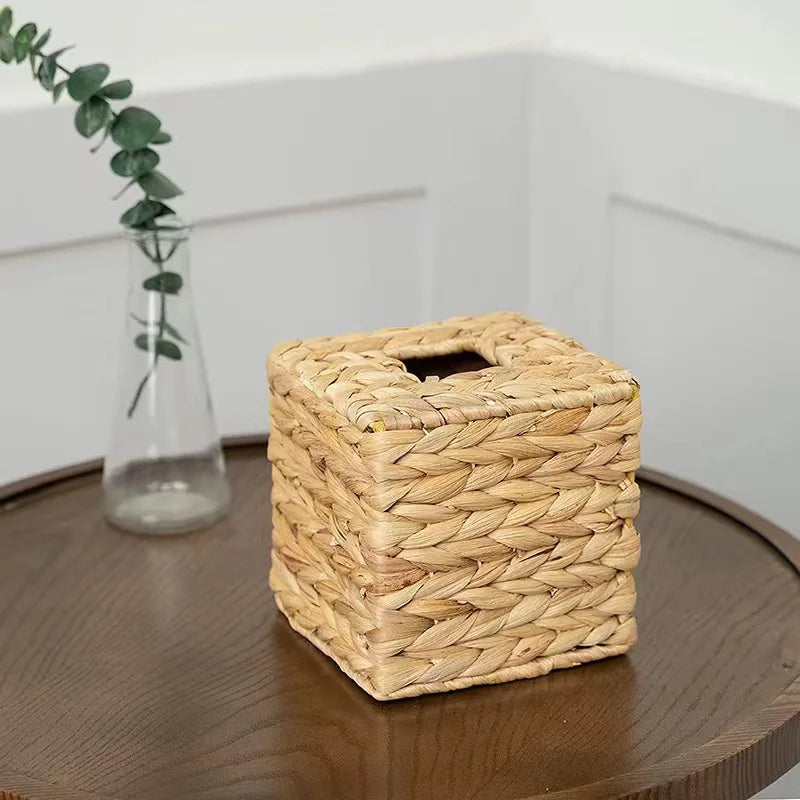 Water Hyacinth Woven Tissue Box Rattan Woven Lid Sanitary Paper Box Household Living Room Pumping Paper Box Storage