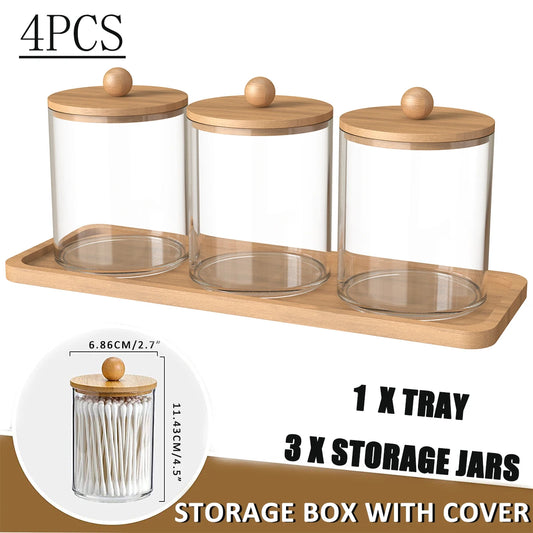 Tray Cotton Swab Storage Holder Dispenser with Bamboo Lids Clear Acrylic Bathroom Jars Makeup Organizer Cotton Round Pad Holder