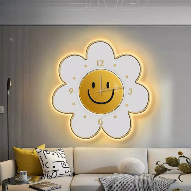 Simple Clock Sun Flower Creative Cartoon Quiet Decorative Wall Clock Living Room Wall Lamp