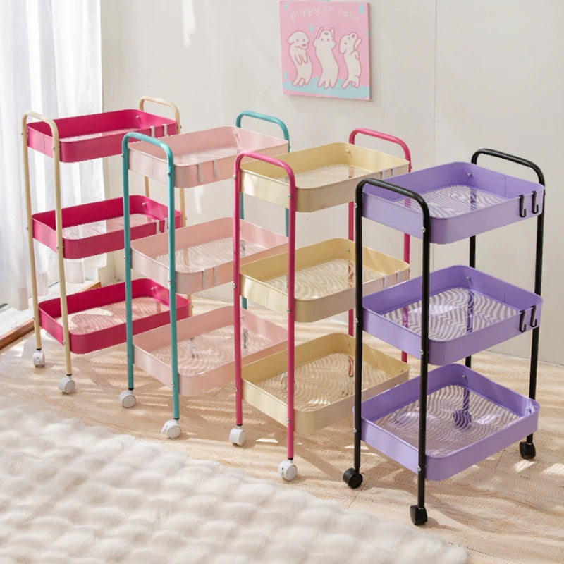 3 Layer Contrast Color Trolley Storage Shelf Multi-layer Movable Trolley Cosmetics Snack Storage Rack Bathroom Mobile Shelf Home