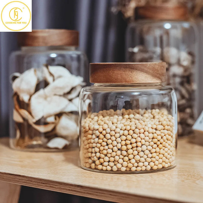 1.25/1.95/2.5/3.4L Glass Round Food Storage Jar with Wooden Lid Kitchen Coffee Beans Tea Grains Canister Home Snack Storage Tank