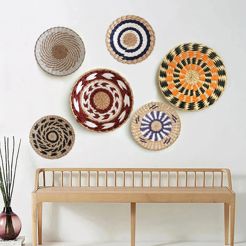 1pc Nordic Style Combination Wall Decoration Rattan Woven Grass Weaving Round Plate For Home Decoration Bedroom Background Decor