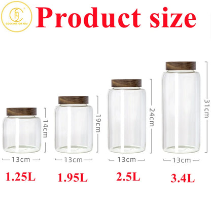 1.25/1.95/2.5/3.4L Glass Round Food Storage Jar with Wooden Lid Kitchen Coffee Beans Tea Grains Canister Home Snack Storage Tank