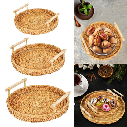 Dinner Serving Tray Breakfast Bread Food Plate Handwoven Rattan Storage Tray Round Shape Fruit Cake Wicker Basket With Handle