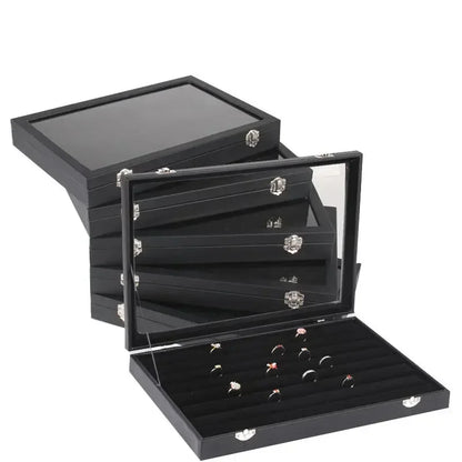 Hard Balck PU Jewelry Box With Glass Cover Storage Ring Earring Bracelet Necklace Display Organizer Storage Case Box