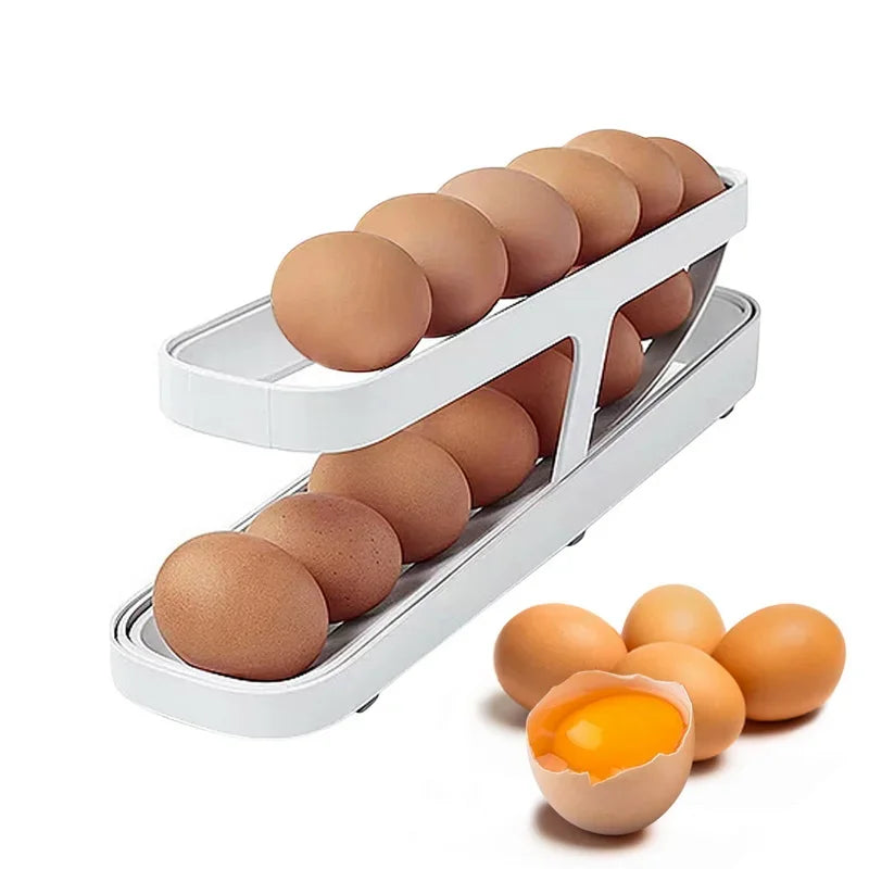 Automatic Egg Rolling Storage Rack Double Rolling Egg Rack Storage Box Rolling Refrigerator Egg Dispenser Kitchen Organizer