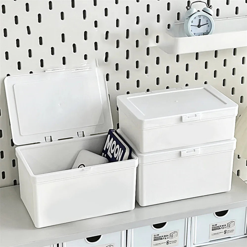 White Storage Box Stackable Sundries Storage Organizer With Cover Dustproof Stationery Storage Case Home Organization Holder