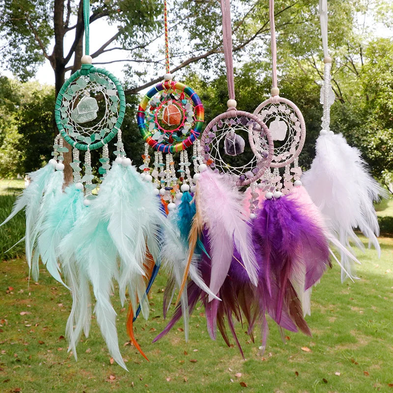 Natural Crystal Dream catchers 7 Chakra Gemstone Dream Catcher Amulet Feather Dream Catchers Bedroom Wall  Hangings Decor