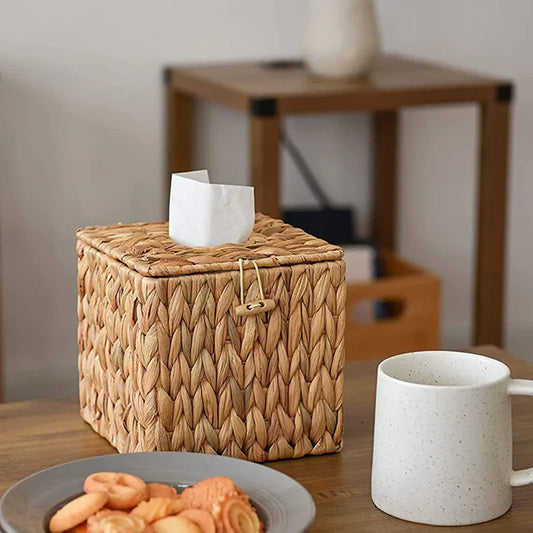 Water Hyacinth Woven Tissue Box Rattan Woven Lid Sanitary Paper Box Household Living Room Pumping Paper Box Storage