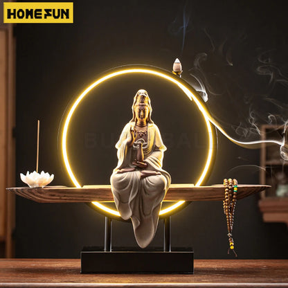 Guanyin Bodhisattva Buddha Statue Backflow Incense Ornaments Buddha Sculpture For Incense Porch Home Decor Ceramic Lamp Circle