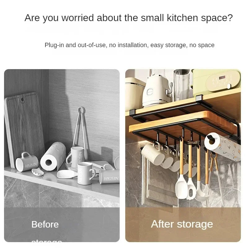 Under Kitchen Cabinet Hanging Organizer Cutting Board Storage Rack Paper Towel Holder No Punch Pot Lid Storage Kitchenware Hook