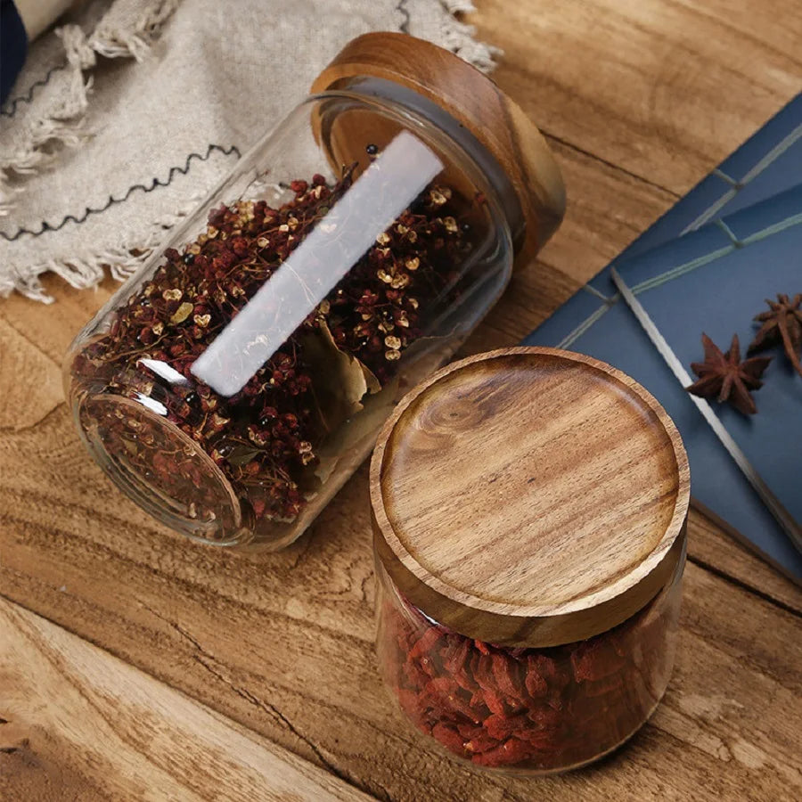 1 PC Small Glass Storage Jars with Airtight Lids,  coffee container with Wooden Lid, Glass Pantry Canister for Beans, Rice,Sugar