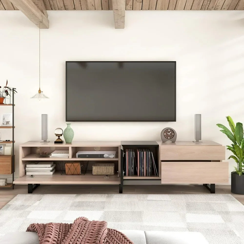 3 Cabinets & Open Shelves, Minimalist Wooden Entertainment Center for TVs Up to 80”, Sturdy TV Console