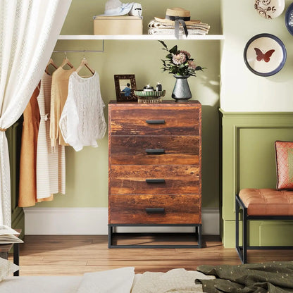 Dresser for Bedroom with 4 Drawers, Nightstand, Chest of Drawers, Tall Dresser Drawers with Sturdy Metal Frame for Hallway