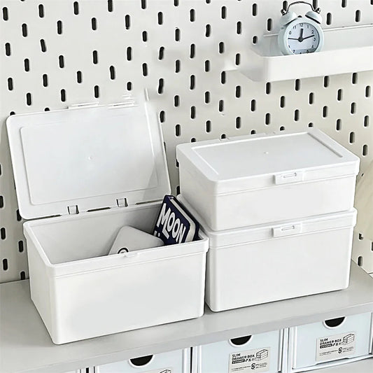 White Dustproof Storage Box Stackable Sundries Storage Organizer With Cover Stationery Storage Case Home Organization Holder