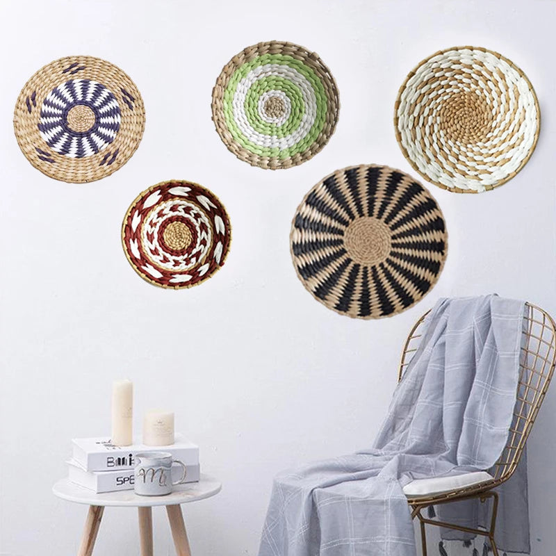 1pc Nordic Style Combination Wall Decoration Rattan Woven Grass Weaving Round Plate For Home Decoration Bedroom Background Decor