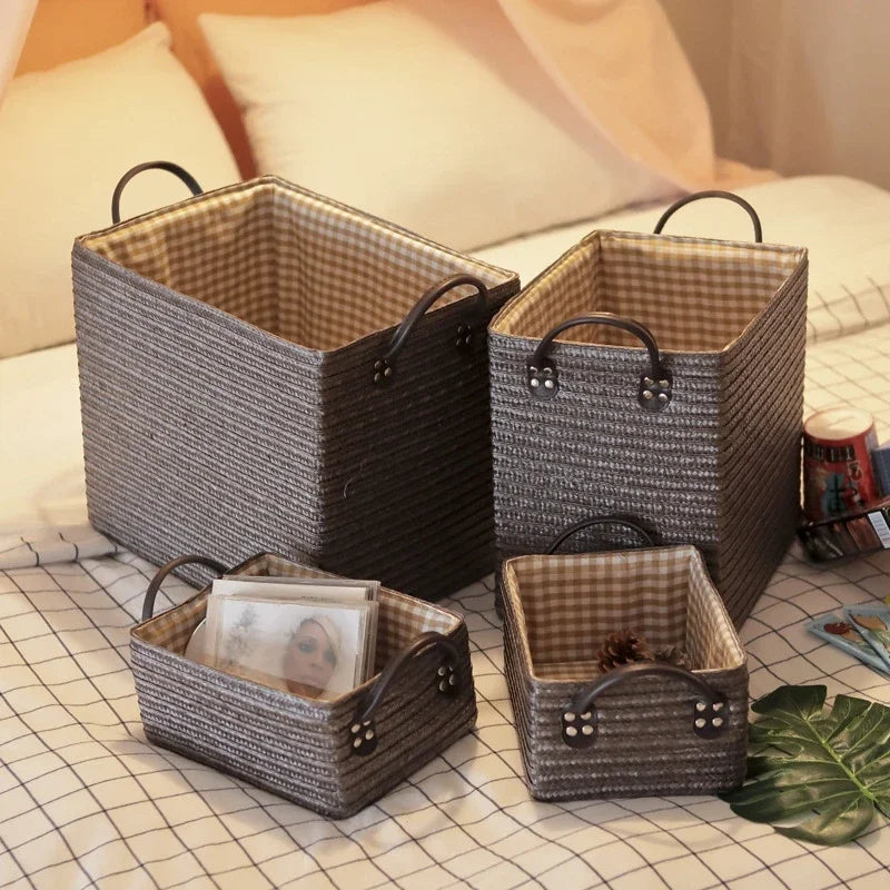 Woven Storage Baskets Foldable Storage Box with Handle Toy Snack Sundries Organizer Handmade Organizer Basket Drawer