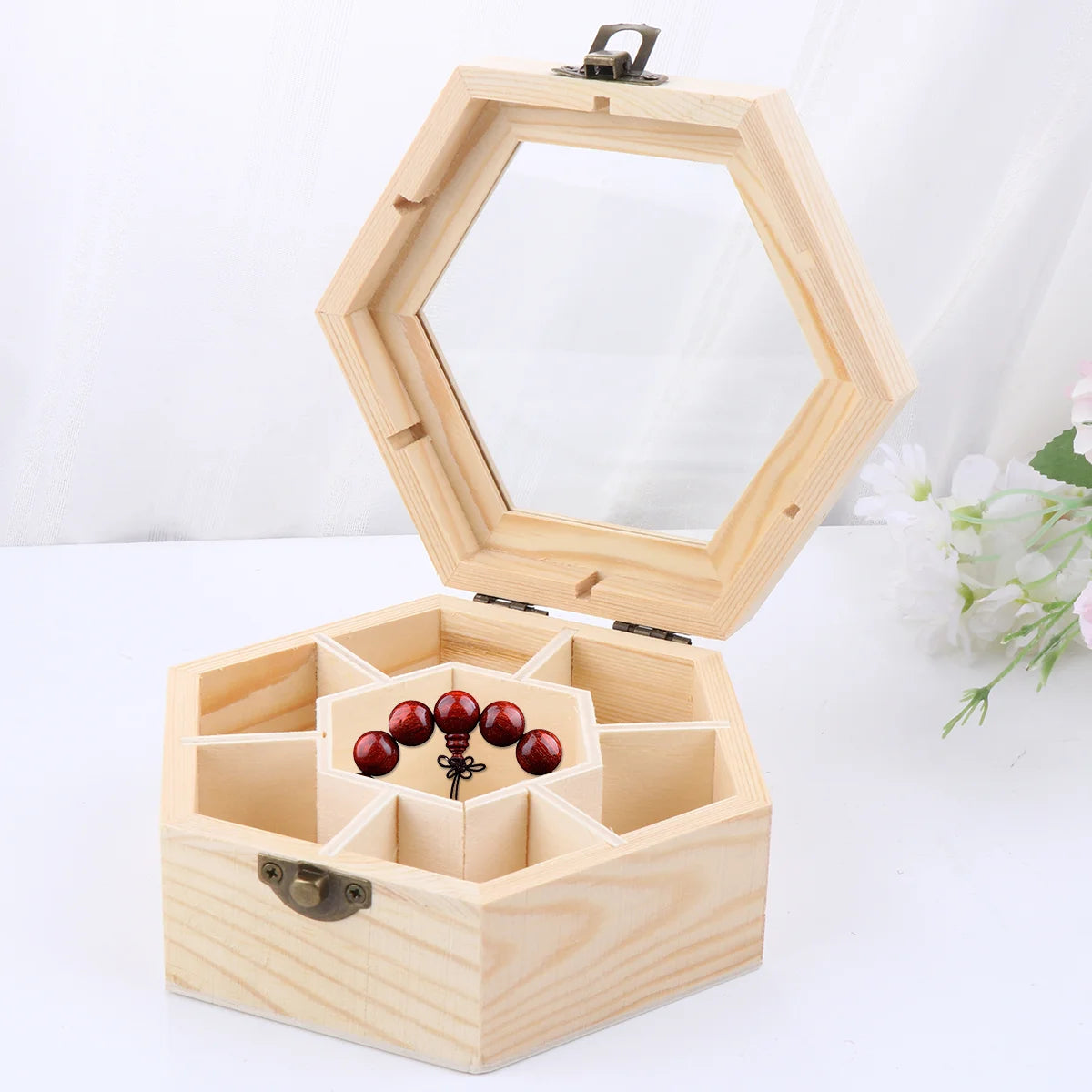 1pc Wooden Jewelry Box Handmade Hexagon Storage Box Lightweight Snow Clay Jewelry Box DIY Jewelry Box Lady bug of miracles