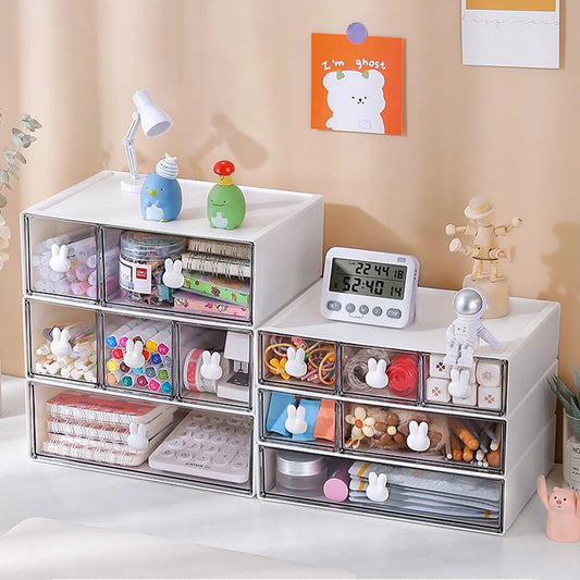 Desktop Kawaii Cosmetic Stationery Storage Box Ins Free Combination Stackable Plastic Drawer Home Office Desk Storage Organizer