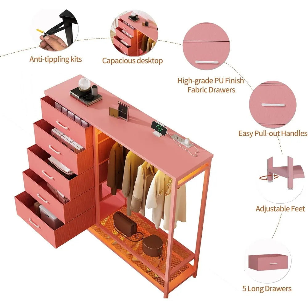 Dresser for Bedroom, Dresser with Hanging Rack Led Lights and Charging Station, Tall Dresser of Drawers with PU Finish Storage