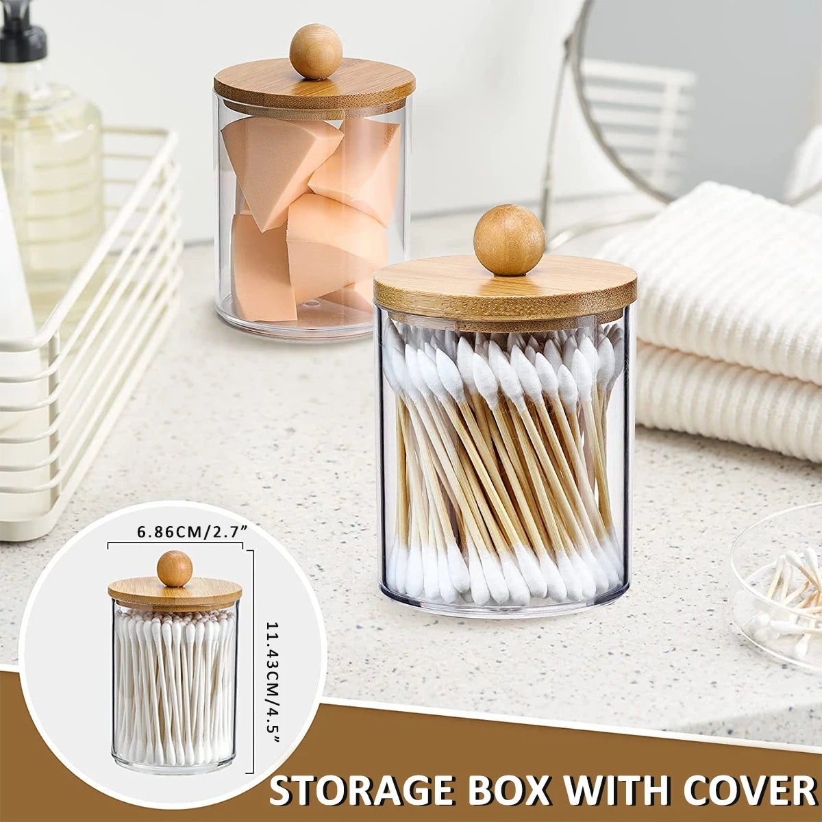 Tray Cotton Swab Storage Holder Dispenser with Bamboo Lids Clear Acrylic Bathroom Jars Makeup Organizer Cotton Round Pad Holder