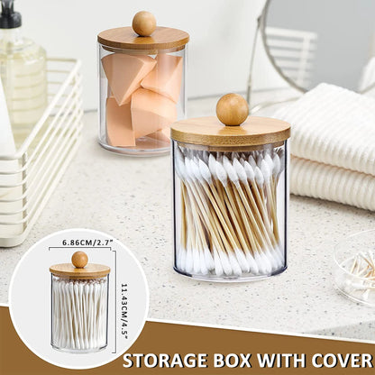 Tray Cotton Swab Storage Holder Dispenser with Bamboo Lids Clear Acrylic Bathroom Jars Makeup Organizer Cotton Round Pad Holder