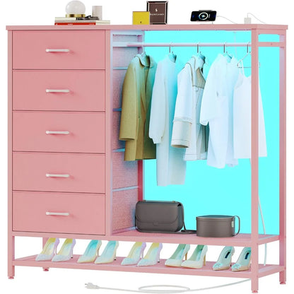 Dresser for Bedroom, Dresser with Hanging Rack Led Lights and Charging Station, Tall Dresser of Drawers with PU Finish Storage