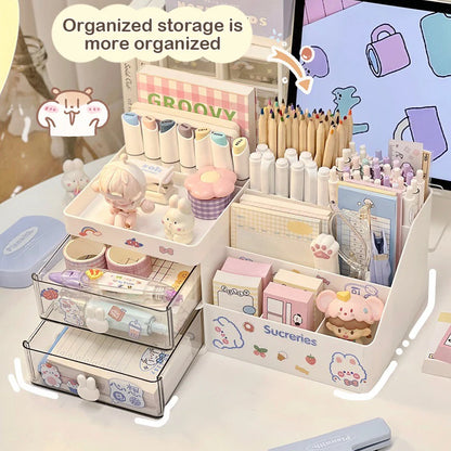 Desktop Cosmetic Storage Box Organizer Drawer Office Storage Rack Stationery Desk Pen Holder Bunny Drawer Organizer Cute Kawaii