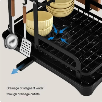 2 Tier Dish Drying Rack with Drip Tray Kitchen Sink Organizer Chopstick Holder Cutting Board Holder 360-Degree Retractable Drain