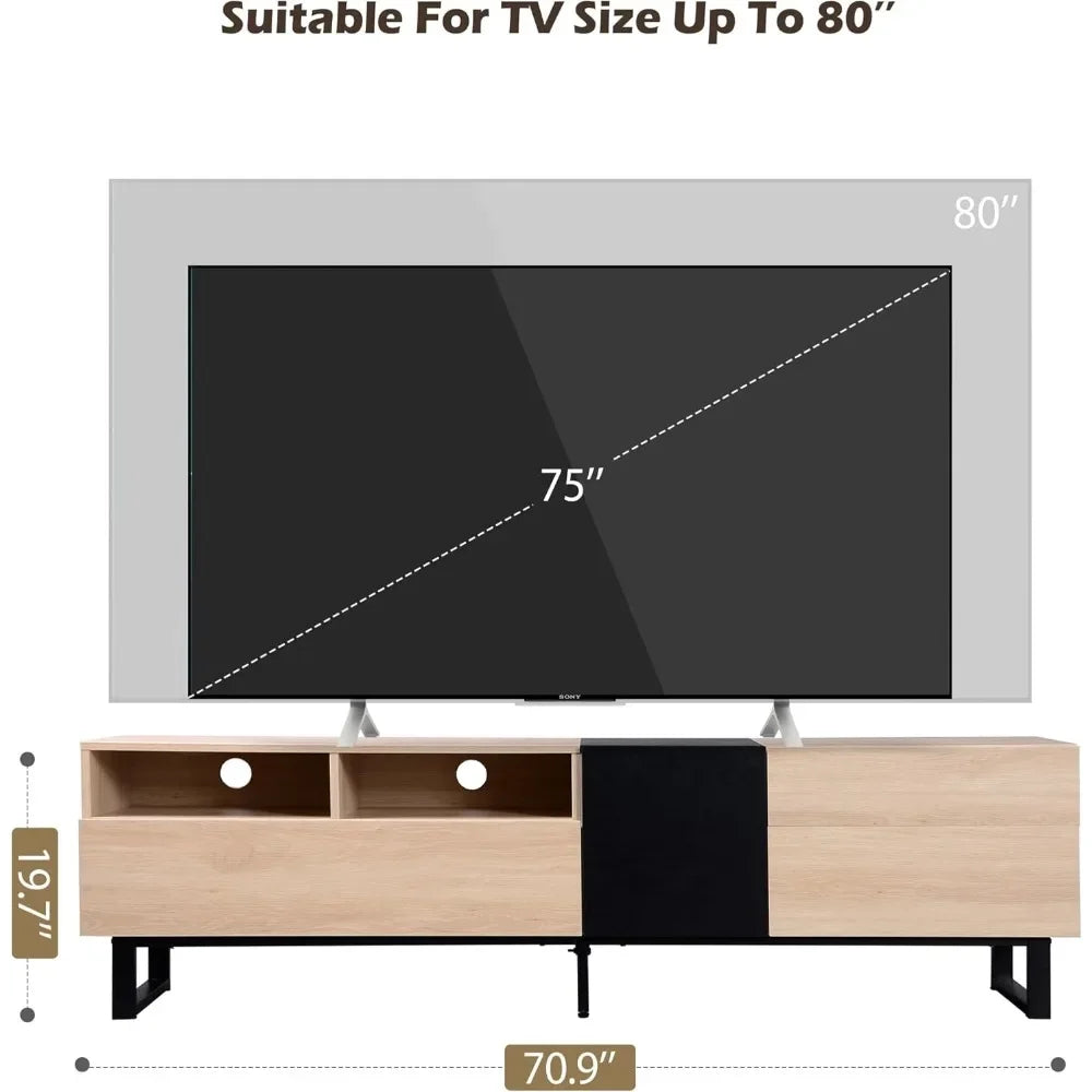 3 Cabinets & Open Shelves, Minimalist Wooden Entertainment Center for TVs Up to 80”, Sturdy TV Console