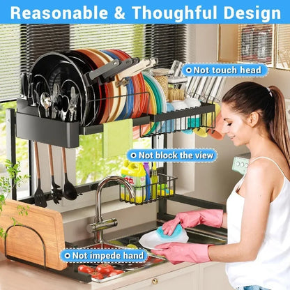 2024 Over The Sink Dish Drying Rack (Adjustable Height/Length) Snap-On Design 2 Tier Large Dish Drainer Kitchen Organization