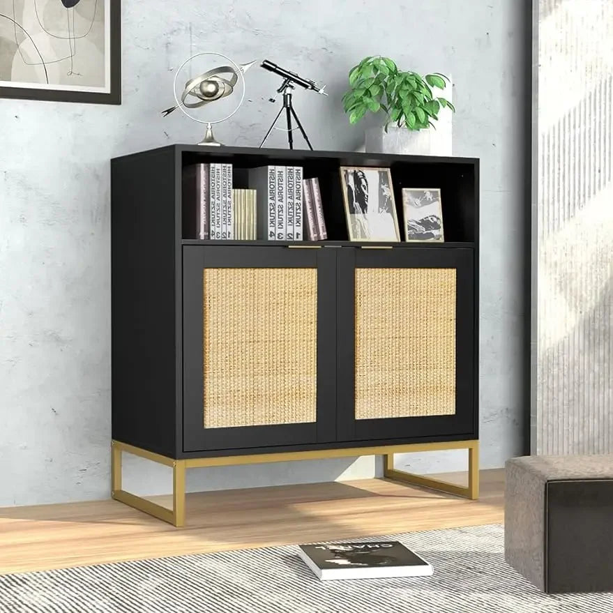 Rattan Cabinet, Storage Cabinet with Doors and Open Shelf Sideboard Buffet Cabinet for Dining Room Living Room Hallway Black