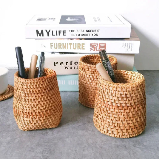 Handmade Rattan Pencil Holder Home Decoration Sundries Storage Basket Tableware Storage Household Pen Container Student Gifts