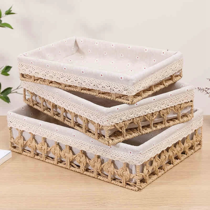 Paper Rope Storage Baskets Desktop Boxes Household Cosmetic Sundries Organizer Boxes Paper Rope Straw Storage Baskets