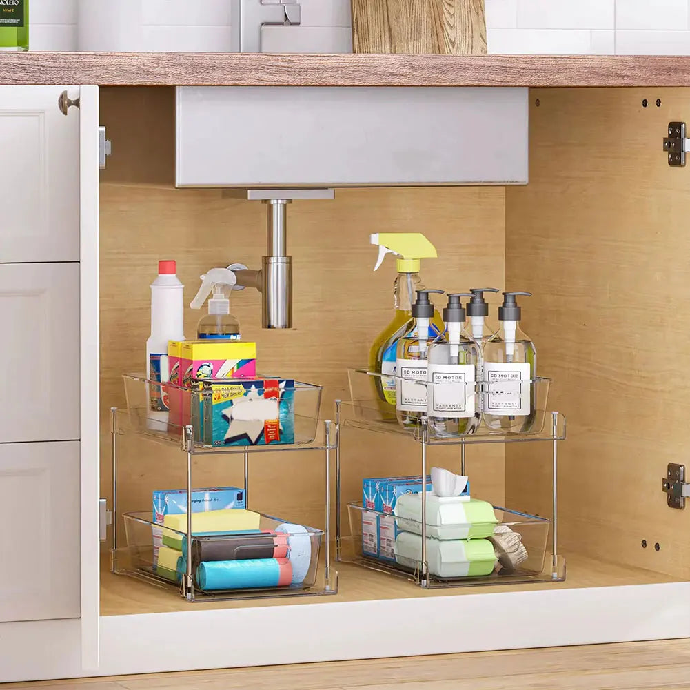 Pull-out Under Sink Organizer Multipurpose 2 Tier Cabinet Storage Container Space Saving for Kitchen Pantry Office Desktop