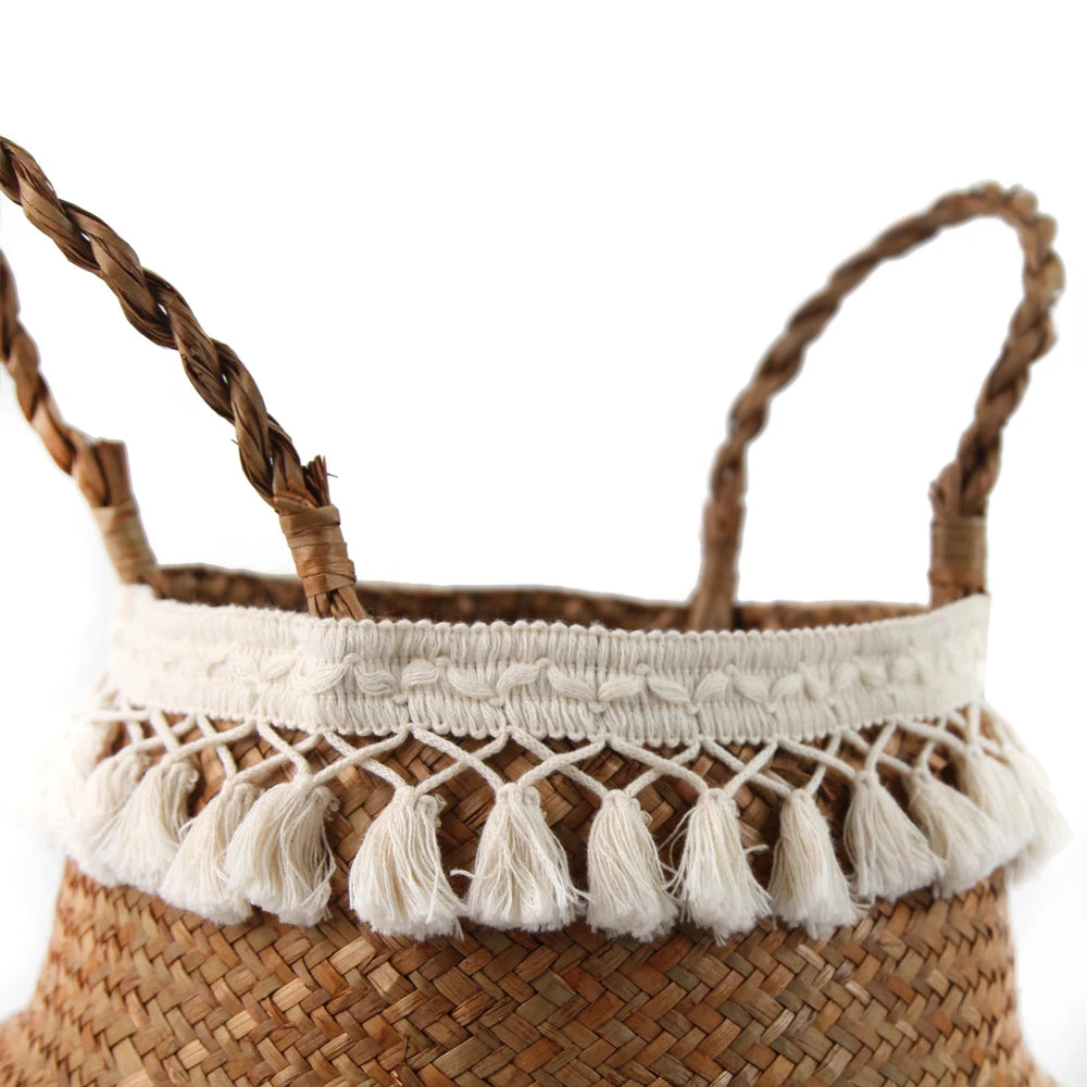 Tassel Macrame Woven Seagrass Belly Basket for Storage, Decoration, Laundry, Picnic, Plant Basin Cover, Groceries and Toy Storag