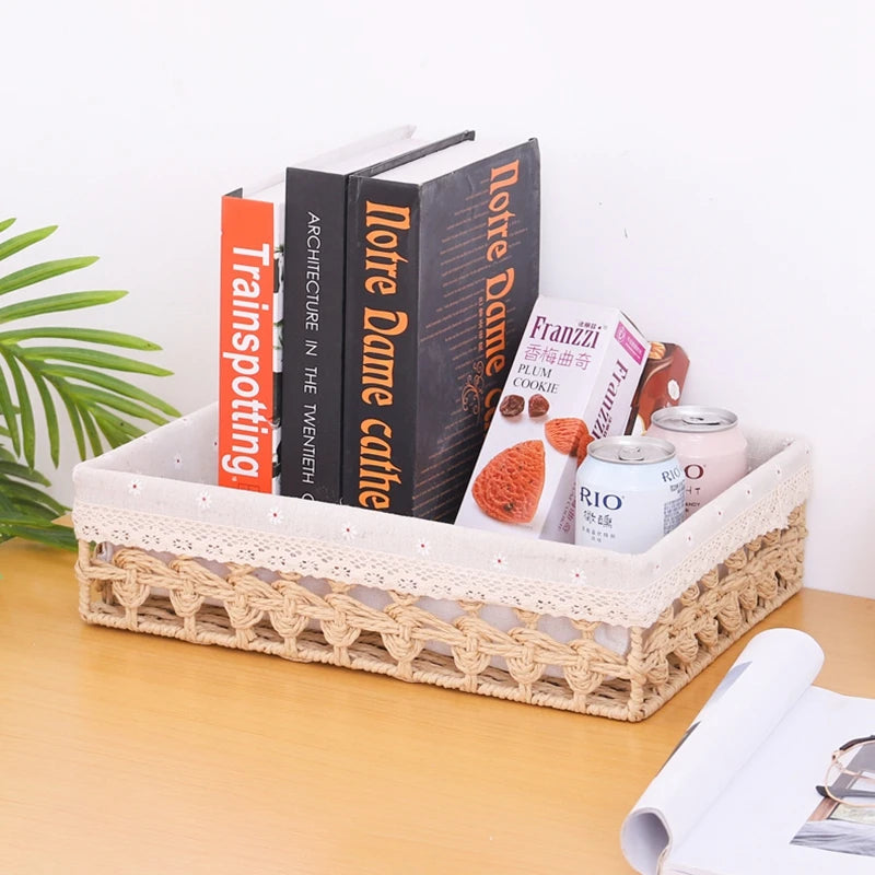 Paper Rope Storage Baskets Desktop Boxes Household Cosmetic Sundries Organizer Boxes Paper Rope Straw Storage Baskets