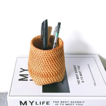 Handmade Rattan Pencil Holder Home Decoration Sundries Storage Basket Tableware Storage Household Pen Container Student Gifts