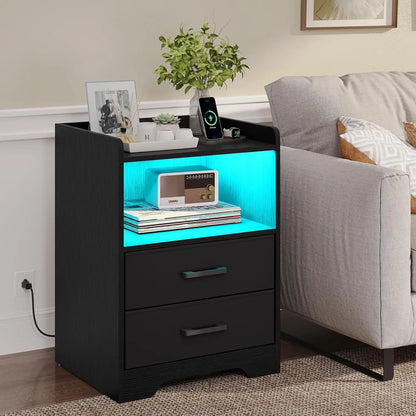 Nightstands Set of 2 with Charging Station and LED Lights