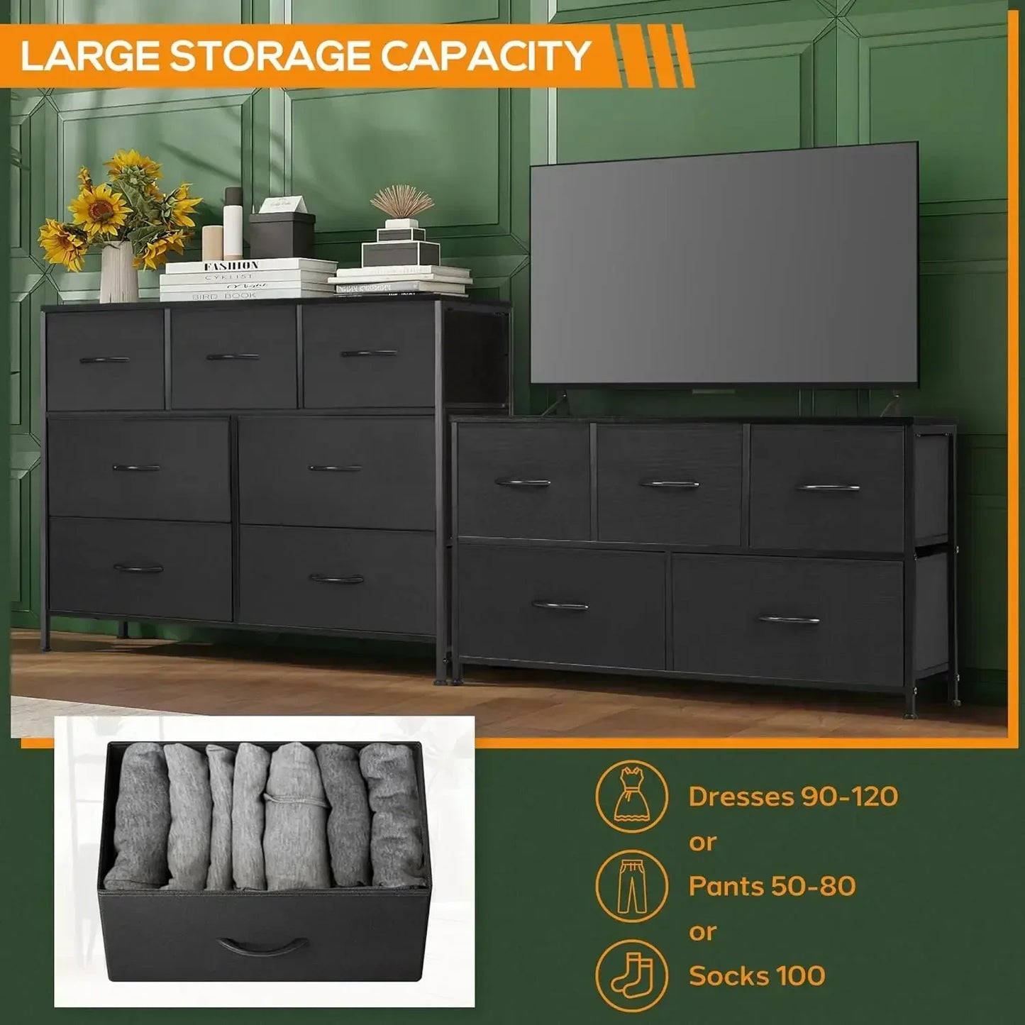 Dresser for Bedroom, 5 Storage Drawers, Wide Fabric Closet Chests Organizer Tower Furniture with Wooden Top Metal Frame