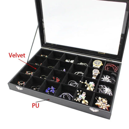 Hard Balck PU Jewelry Box With Glass Cover Storage Ring Earring Bracelet Necklace Display Organizer Storage Case Box