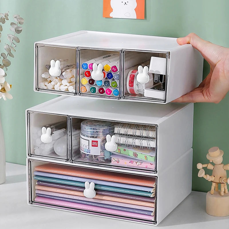 Desktop Kawaii Cosmetic Stationery Storage Box Ins Free Combination Stackable Plastic Drawer Home Office Desk Storage Organizer