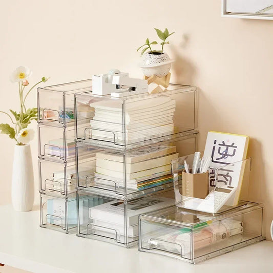 New Stackable Transparent Desktop Drawer Type Storage Box Mini Cosmetic Storage Organizer Sundrie Holder Home Office Storage Box