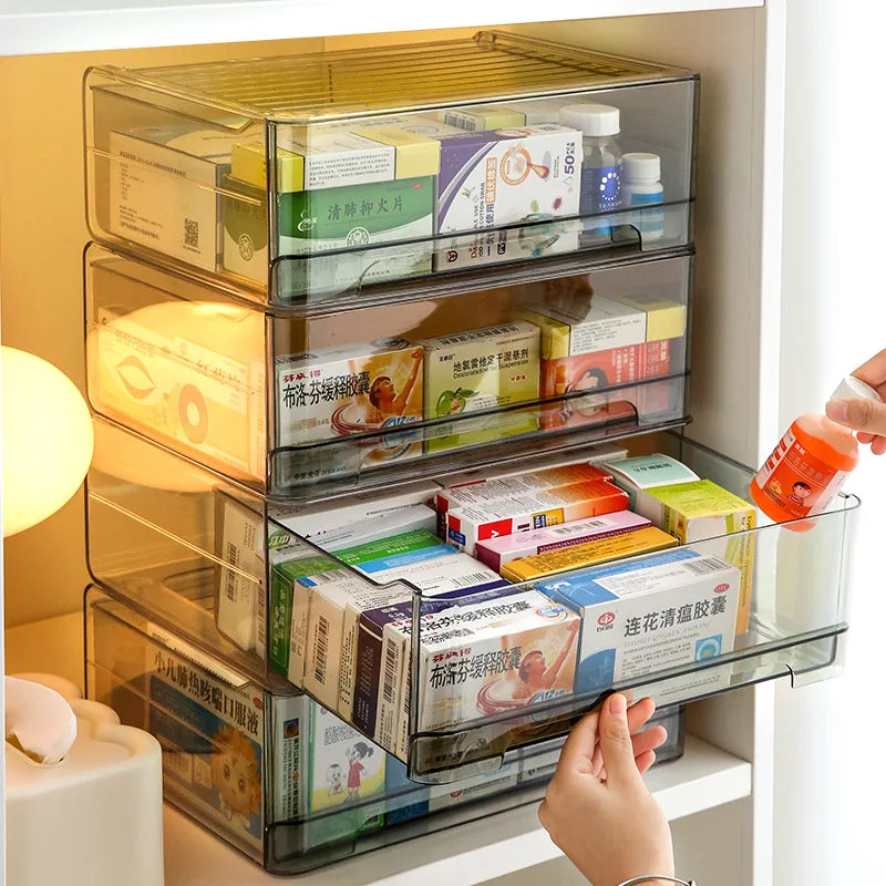 Large capacity transparent medicine box drawer storage box medicine storage cabinet home stackable storage rack