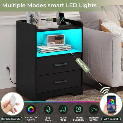 Nightstands Set of 2 with Charging Station and LED Lights